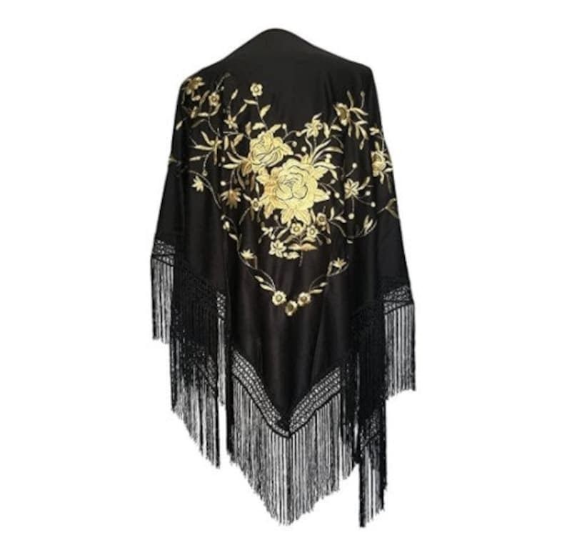 Black Flamenco peak shawl w. Gold Embroidery on one side by ANUKABarcelona (Etsy)