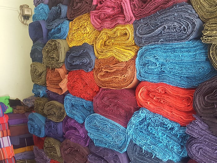 Colorful cotton fabrics in a tiny shop in Thamel, Kathmandu