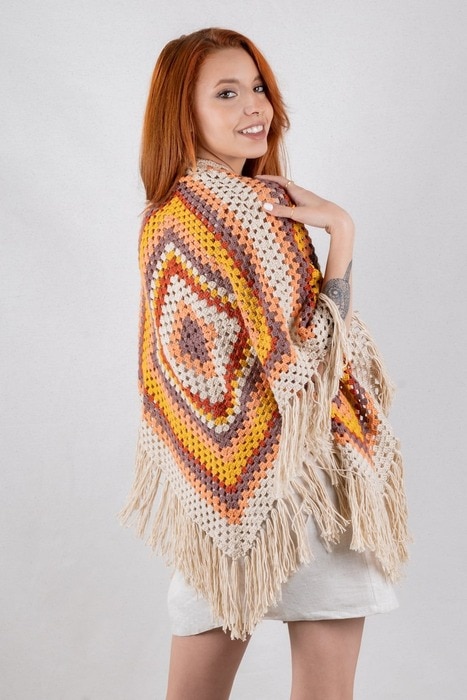 Crochet Boho Shawl, Multicolor Knit Cotton Wrap