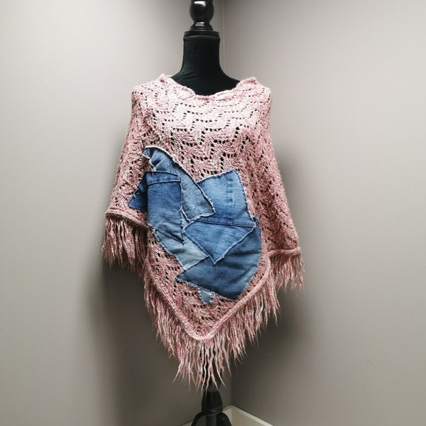 Upcycled pink sweater poncho with fringe by PieceByPeaceCanadian (Etsy)