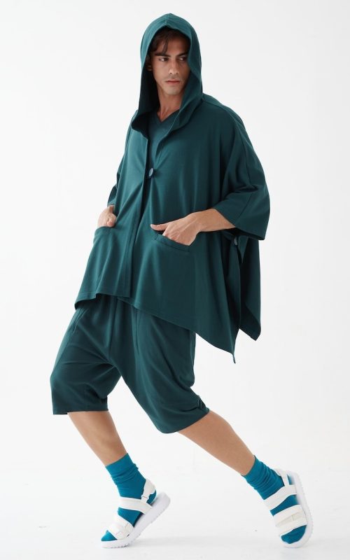 NO.163-Mens-Button-Front-Hooded-Poncho-Comfy-Versatile-Cape-in-Teal
